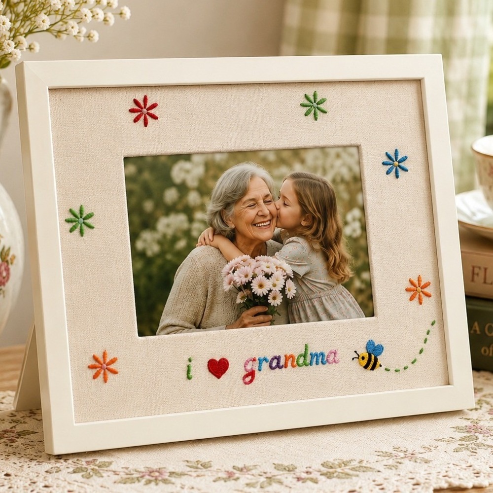 I Love Grandma Picture Frame Embroidered Bee Flowers Grandmother Gift Tabletop